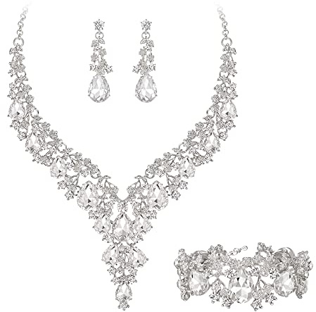 Clearine Damen Hochzeit Braut österreichischen Kristall Teardrop Blume Cluster Statement Halskette Ohrringe und Armband Schmuck-Set für Prom klar Silber-Ton