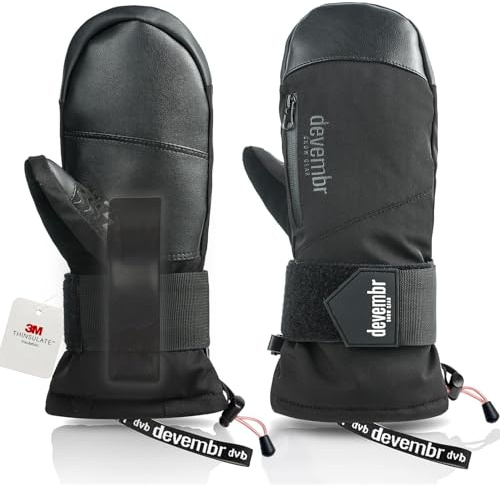 devembr Guanti da Sci con Protezioni per i Polsi, Guanti da Snowboard Touchscreen, Impermeabili, Nero, S