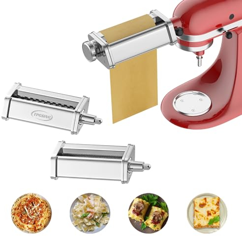TPGSING Macchina Pasta per KitchenAid Robot da Cucina, Acciaio Inox Spaghetti Accessorio 3 Pezzi per Kitchen Aid Accessorio, Include Rullo per Pasta, Tagliaspaghetti per Fettuccine, Rullo per Lasagne