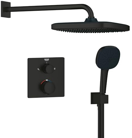 GROHE Precision Thermostatique Carré Ensemble de Douche Encastré Vitalio Comfort avec Douche de Tête 25cm, Douchette 11cm 2 jets, Support Mural et Flexible 1.5m, Economie d'Eau, Noir Mat, 348822430