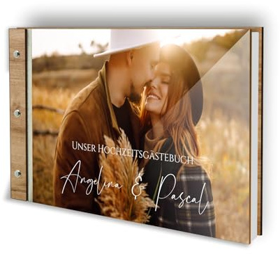 Manschin-Laserdesign Holz Gästebuch Hochzeit mit Foto selbst gestalten Echtholz - Acrylglas | DIN A4 | (40 Blätter)