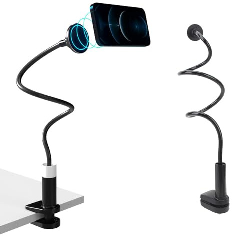 Gooseneck Phone Holder, Magnetic Flexible Long Arm Phone Mount for Desk Bed Bedside Table, Overhead Cell Phone Clip Bracket Clamp Stand for IOS 15 15 Pro 15 Plus