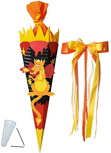 alles-meine.de GmbH BASTELSET Schultüte - Drache mit Feuer - 85 cm - incl. großer Schleife - mit/ohne Kunststoff Spitze - Zuckertüte - Set zum selber Basteln - 6 eckig/schwar..