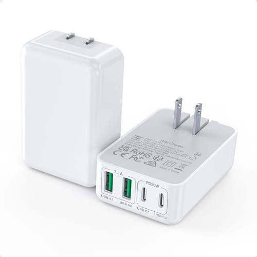 2Pack Flat USB C Wall Charger,40W 4Ports Foldable & Slim Fast Charging Block,Type C Cube Box Multiport Power Adapter Plug Brick Compatible with iPhone 17/16/15/14,Samsung,Pixel, AirPods4,Watch10