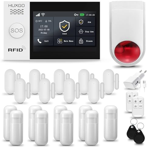 HUXGO® HXA007 Alarme Maison sans Fil avec Sirène sans Fil, WiFi + GSM | Kit d'alarme Maison Domestique avec 9X détecteurs de Mouvement, 9X capteurs d'ouverture | TUYA App Intelligent