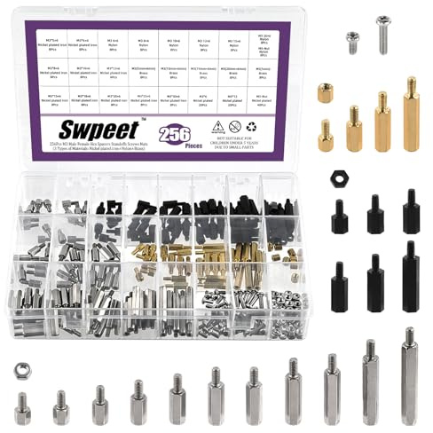 Swpeet Avstånd av kolstål metrisk gänga (N3) 24 storlekar 3 material järn nickelpläterad mässing eller nylon sexkantiga distanser distansskruvar mutter sortiment kit,
