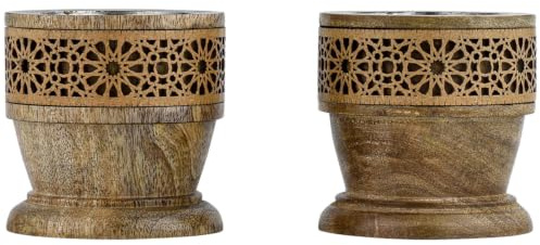 2er Set Boho Holz-Kerzenleuchter Ghada aus Mangoholz in Braun 7,5 cm
