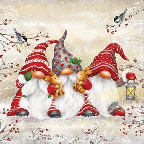 20 Servietten Winter Drei rote Wichtel an Zweige als Tischdeko. Papierservietten mit Motiv. Auch für Decoupage und Serviettentechnik 33x33cm