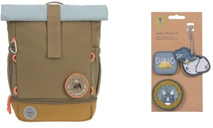 LÄSSIG Kindergartenrucksack Kinderrucksack Rolltop mit Brustgurt wasserabweisend & Anhänger und Patches Set (3 STK.) mit Druckknopf/School Patches Set Jurassic