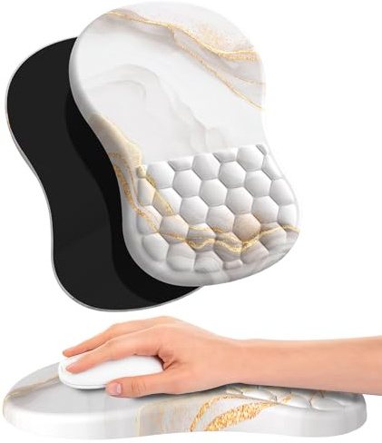 Giecy Mousepad mit Handauflage mit Massage-Design, Ergonomische Mauspad mit Memory-Schaum und Rutschfester PU-Unterseite, Handballenauflage Maus für Büro(Weißer Marmor)
