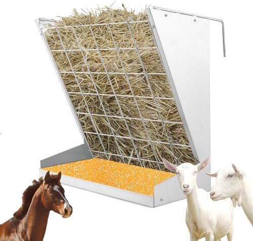 GYMAX Hängende Futterraufe 109L, Heuraufe für Heu & Getreide, Futterspender mit Futterspargitter & verstellbaren Haken, Futterstation für Ziegen, Schafe & Pferde, 71 x 32,5 x 68 cm