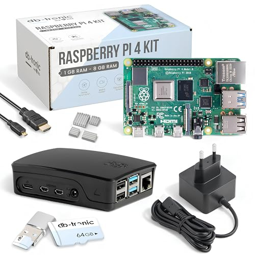 db-tronic Raspberry Pi 4 4GB Starter Set | 64GB Black Edition | Netzteil 15W | Gehäuse schwarz | Kühlkörper Set | 4K Micro HDMI Kabel | Ideal für Smart Home, Retro Gaming & Home Assistant