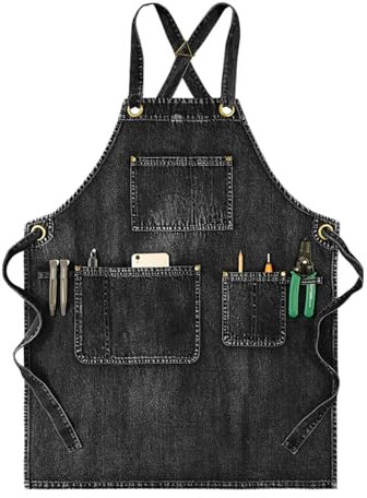 CBBEONRN Friseur Schürze Herren Damen Denim Koch Schürze Arbeits Schürze Mit Taschen Grill Schürze Für Koch, Künstler, Bäcker, Barista, Barkeeper Black,One Size