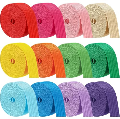 Wonninek 60M Bunte Polypropylen Gurtband Heavy Duty, 38mm Polypropylen Gurtbänder Nahtband zum Klettern, Basteln, Heimwerken, Gepäckgurt, Haustierhalsband, Rucksackreparatur(12 Stücke)