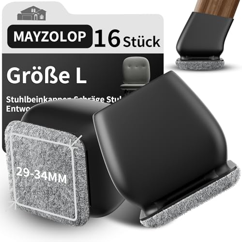 MAYZOLOP 16 Pezzi Gommini per sedia Quadrati con Grigio Feltrini, Silicone per Parquet, Tappi Inclinabili [Φ29-34mm]