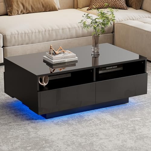 LED Hochglanz Couchtisch mit 4 Schubladen, Wohnzimmertisch mit 16 Farben LED-Beleuchtung, USB-Anschluss, Fernbedienung, Sofatisch mit Stauraum für Wohnzimmer Schlafzimmer, Modernes Design,Schwarz