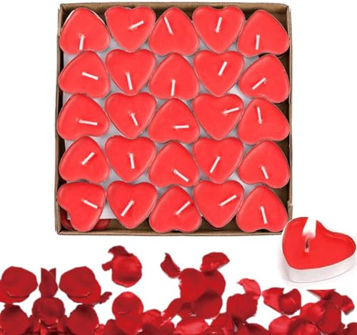 EIH1 50 Bougies en Forme de cœur romantique et 1000 petale de rose Forme de Coeur Bougies bougie coeur Bougies Romantiques pour fêtes mariages Saint-Valentin