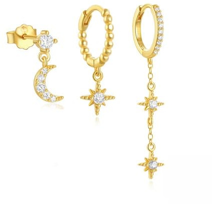 Guyode Boucles d'Oreilles Femmes Motif Lune et Étoiles Zirconium, 3 Trous Hypoallergéniques
