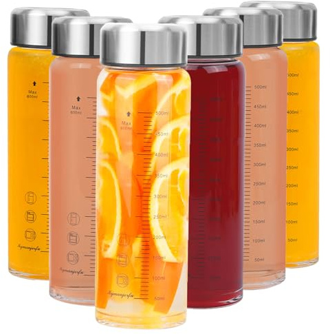 Lot de 6 bouteilles d'eau en verre de 600 ml – Goulot large avec couvercles, pour jus, smoothies, lait, protéines, réutilisables, couvercles en acier inoxydable, anti-fuite, shaker (600 ml)