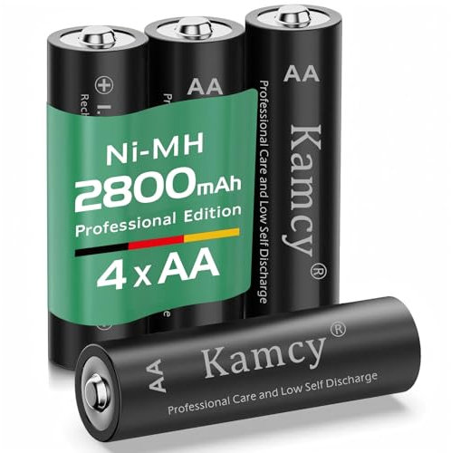 KAMCY 1,2V Pile Ricaricabili AA - Batterie AA ricaricabili, ad alta capacità, 2800 mAh, batterie Ni-MH, pronte all'uso, ricaricabili fino a 1500 volte, pro, nere, confezione da 4