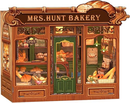 CUTEBEE Kit DIY Book Nook - Maison Miniature Maquette Construire en Bois pour Adultes, Puzzle 3D Miniature DIY avec Lumière LED, Déco Maison & Cadeau Spécial pour Famille/Amis (Mrs.Hunt Bakery)