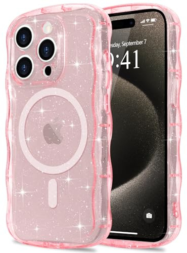 Pepmune Cover Glitter per iPhone 15 Pro Max Compatibile con Magsafe, Rosa | Cornice Ondulata Forma Custodia. Brillare Glitter Cover per Donne e Ragazze. Protettiva Sottile Antiurto Case.