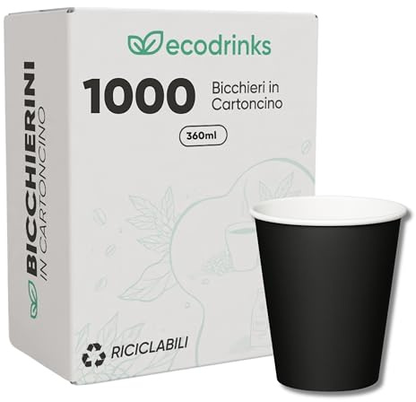 ecodrinks - 1000 Bicchieri Carta Nero da 360ml - Per Acqua, Cocktail, Bevande Calde e Fredde - Biodegradabili, Eco-friendly e Made in Italy