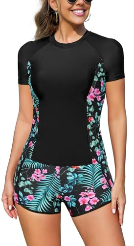 SHEKINI Tvådelad Rashguard för kvinnor, kortärmad, integrerad bh, baddräkt med pojkshorts, snabbtorkande, UV-skydd, simtröja