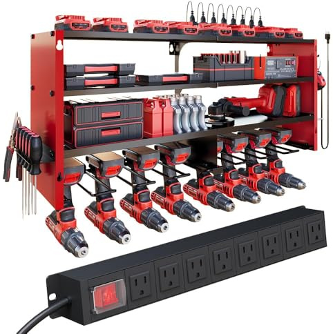 DIOOSN 4 Layers Power Tool Organizer Wall Mount with Power Strip, Heavy Duty Metal Tool Shelf, 400lbs Capacity for Cordless Drills, Batteries & Garage Storage (8 Slots with 8 Outlets Power Strip)
