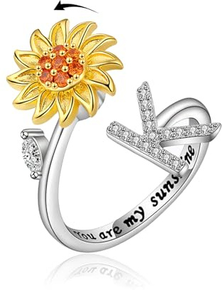 VYYU Fidget Ring with Beautiful Sunflower & Initial Letter ABC to XYZ - You are My Sunshine Anxiety Relief Stress Open Rings | Reliever Spinner Stress Relief Sunflower Gifts for Women Wife Daughter, K