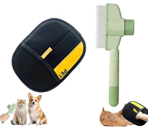 Fellblitz Bürste katze & Fell Magnet Handschuhe – Tierhaarentferner Handschuh für Hunde und Katzen,Katzen Bürste und Katzenhaarentferner Handschuh für Static Remover Pet Hair(Grün+handschuh)