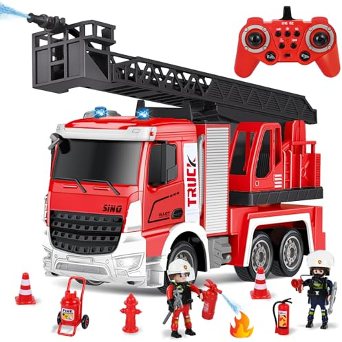 PATEMZON Camion Bomberos Juguete, Camión de Bomberos Teledirigido con Funzione Spruzzo, 60CM Escalera, MLuces y Sonidos, Accesorios para Bomberos, Regalos de Juguete para Niños y Niñas 3+ Años