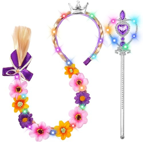 Accessori LED da Principessa per Bambina, Parrucca da Principessa e Bacchetta Magica Luminosa, Accessori Principessa per Halloween Cosplay Carnevale Feste