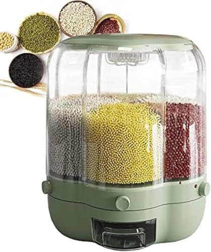 Rotating Rice Dispenser, 6-Grid Cereal and Food Storage Container, One-Click Picking, Removable Lid, Sealed Bucket for Kitchen Organization