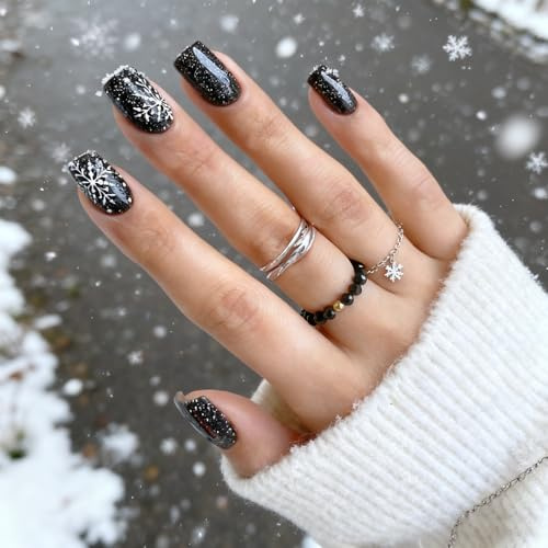 24Pcs Black Christmas Press on Nails - Strong Glue Stick on Nails with White Snowflake Design - Reusable, Durable Acrylic Nails Suitable for Daily Use or Festivals（12 Size）