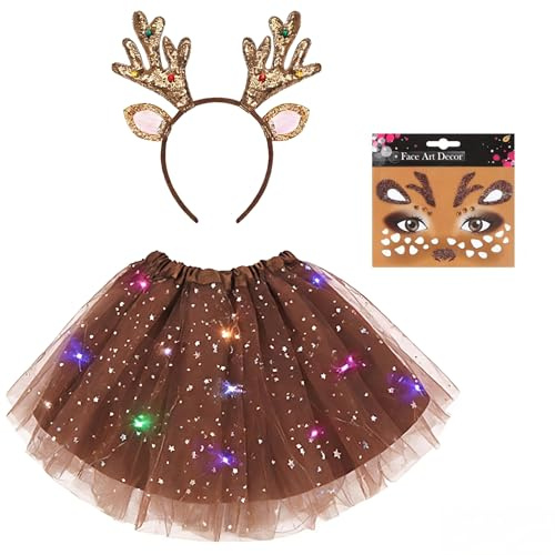 Meleager Lumineux Deguisement Renne, Serre Tete de Renne avec Oreilles, LED Tutu Jupe et Autocollant Visage, Costume Animaux pour Carnaval, Noël aa