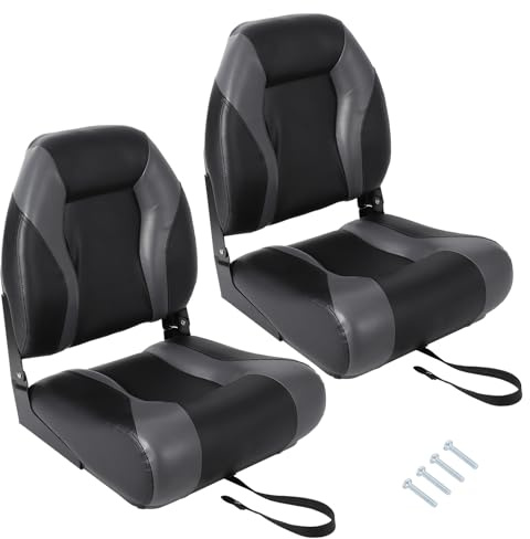 RBFGYIOP Set 2 Sedili Barca Pieghevoli Schienale Alto - Imbottitura Spessa Ergonomici - Telaio Resistente Impermeabili - Ideali per Pesca e Gite - Supporto Schiena - Colore: Coppia nero e grigio con
