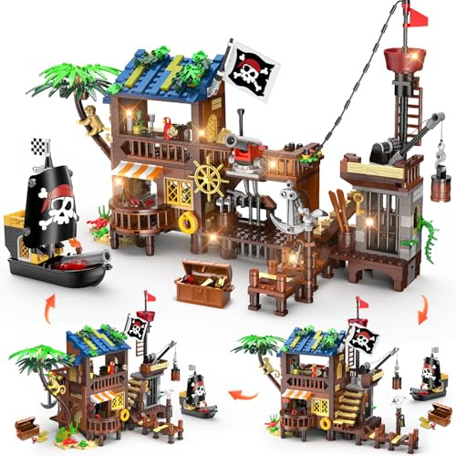 HOGOKIDS 3-in-1 Piratenwelt STEM Bauspielzeug mit LED für Kinder ab 6-12+ | 781 Teile Freunde Piratenschiff Hafen Abenteuer Spielzeug, Kreatives Konstruktionsspielzeug als Geschenk für Mädchen Jungen