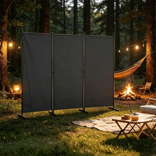 UISEBRT Paravent Outdoor wetterfest mit Abspannleinen und Heringen,Klappbar Freistehend Trennwand ohne Bohren,mobiler sichtschutz für Garten Balkon terrasse,Dunkelgrau 3 Teilig 240 x 180 cm