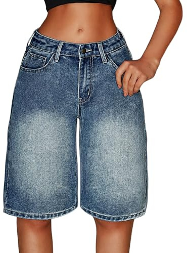 Générique Bermuda en Jean Y2k pour Adolescentes Taille Basse Jambe Large Longueur Genou Charpentier Short en Jean Long D'été Vache Filles Baggy Jorts Tendance Décontracté Pantalons Court