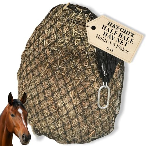 hay chix Hay Net for Horses | Slow Feed Hay Bag Feeder | Marine-Grade UV Treated Nylon | Holds 4-6 Flakes | Half Bale Net | 1 3/4 Holes | Oat Rope Color