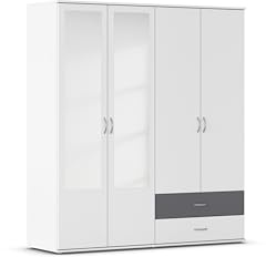 Rauch Möbel Noosa Drehtürenschrank, Kleiderschrank, Schrank, Garderobe, 4-türig, mit Spiegel und 2 Schubladen, Farbe Weiß mit Absetzung Grau metallic, Schwarz, Griffprofil Alufarben, 168x188xx52cm
