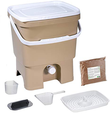 skaza Exceeding Expectations. Bokashi Organko (16 L) Recycled Plastic Composter for Garden and Kitchen | Starter Kit with Fermentation Activator Bokashi Organko 1kg (Cappuccino-White)
