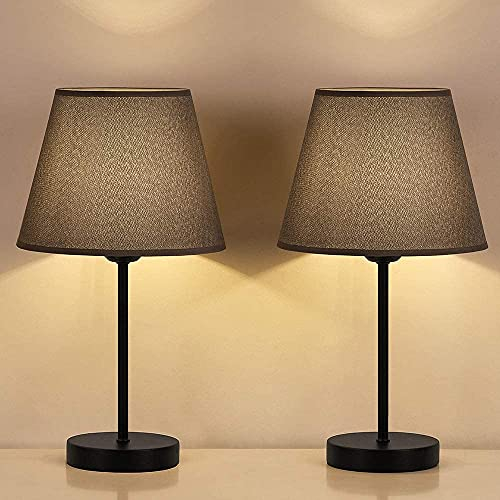 LIANTRAL Lot de 2 petites lampes de chevet, E27, Lampe de table avec base en métal et abat - jour en lin pour chambre à coucher, salon, Bureau, gris/noir