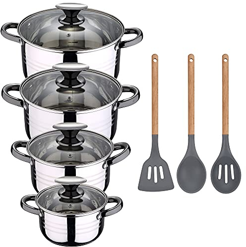 San Ignacio Bateria de cocina 8 piezas apta para induccion Hita en acero inoxidable con set de 3 utensilios de cocina en silicona Daimiel, PK3226