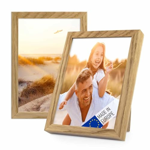 PHOTOLINI Bilderrahmen Holz 10x15 Eiche, Holzbilderrahmen Made in EU, 2er Set, bruchsicheres Acrylglas, zum Aufhängen & Aufstellen, extra Zubehör - für Ihre liebsten Fotos & Bilder