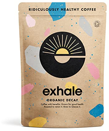 EXHALE Organic Chemical-Free Ground Decaf Coffee - NEW LARGE 450G PACK - Single Origin and 100% Arabica Beans. For Cafetiere, Filter or AeroPress - Decaf Medium Roast