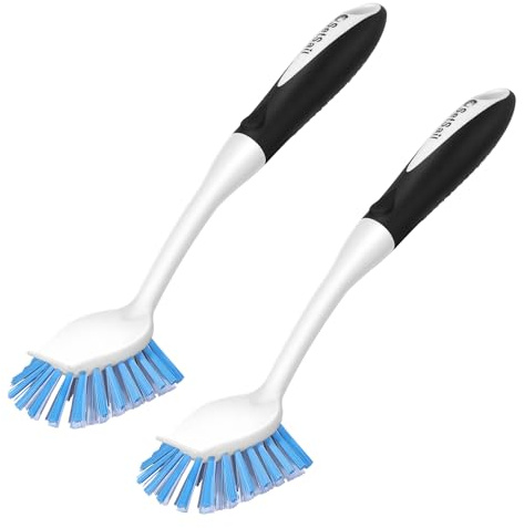 SetSail Spazzole per piatti con manico, confezione da 2 spazzole rigide per piatti con raschietto integrato per pulire piatti, pentole e padelle, lavello da cucina