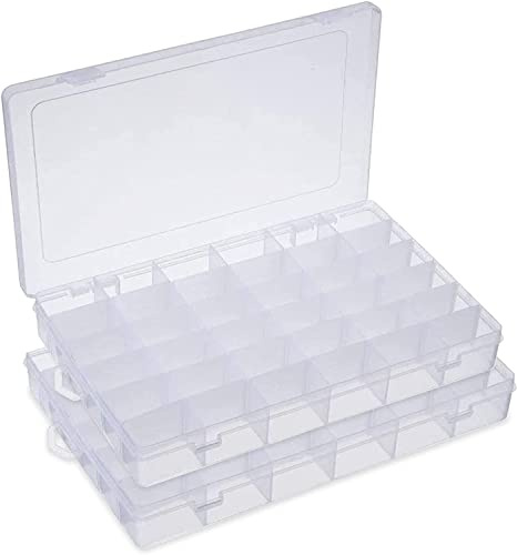 WAIZHIUA 2 Pieces Plastic Snack Box with Compartments - 36 Adjustable Dividers Storage Box, for Jewelry Cosmetics Craft Tackle Pills Beads Bolts and Nuts