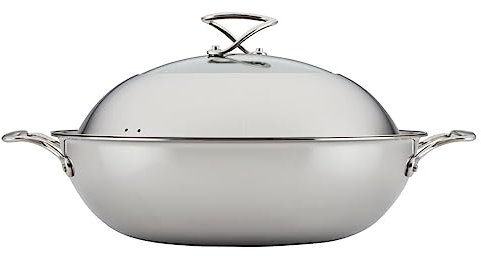 Circulon Clad Stainless Steel Wok/Stir Fry with Glass Lid and Hybrid SteelShield and Nonstick Technology, 14 Inch - Silver